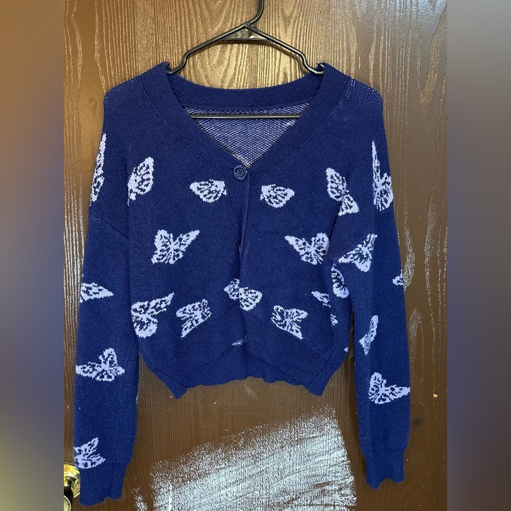 ROMWE Purple Butterfly Button Up Cropped Cardigan Sweater Woman’s Size Small 4
